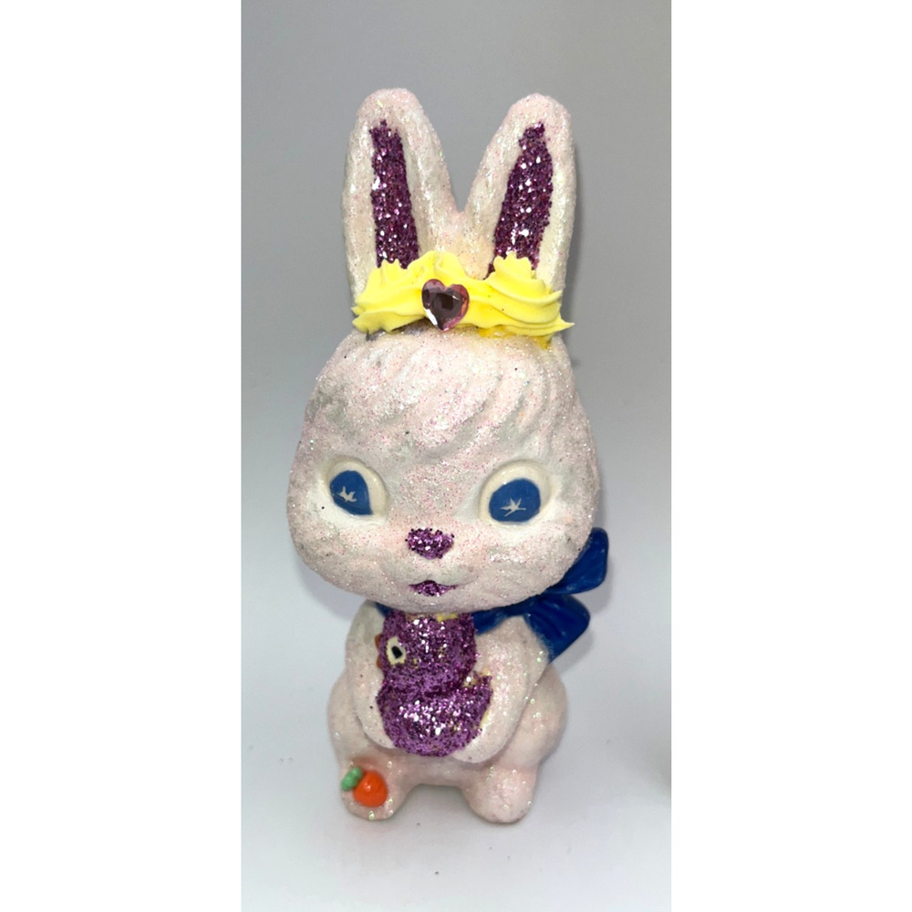 Vintage Ceramic Easter Bunny Holding Pink Glittery Chick Faux Frosting OMG OOAK